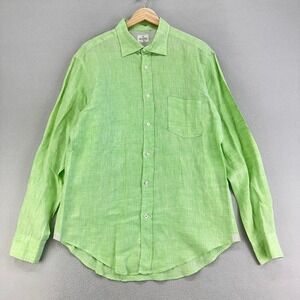 Hartford Linen Shirt Men's L‎ Green Button Up Long Sleeve Beach